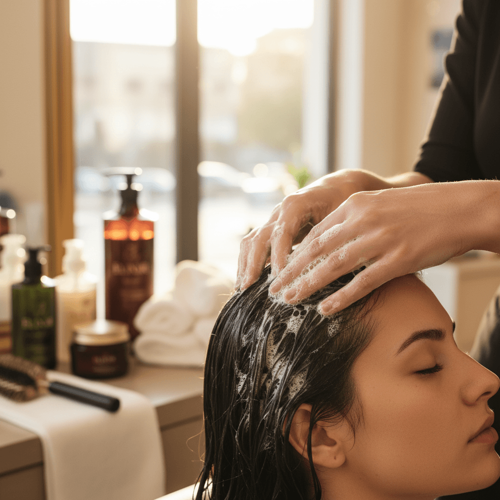 Client receiving professional hair treatment at salon sink with expert care