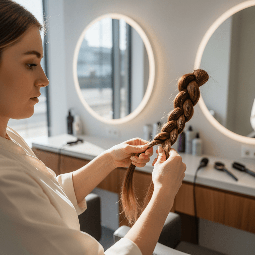 Stylist braiding hair with professional care
